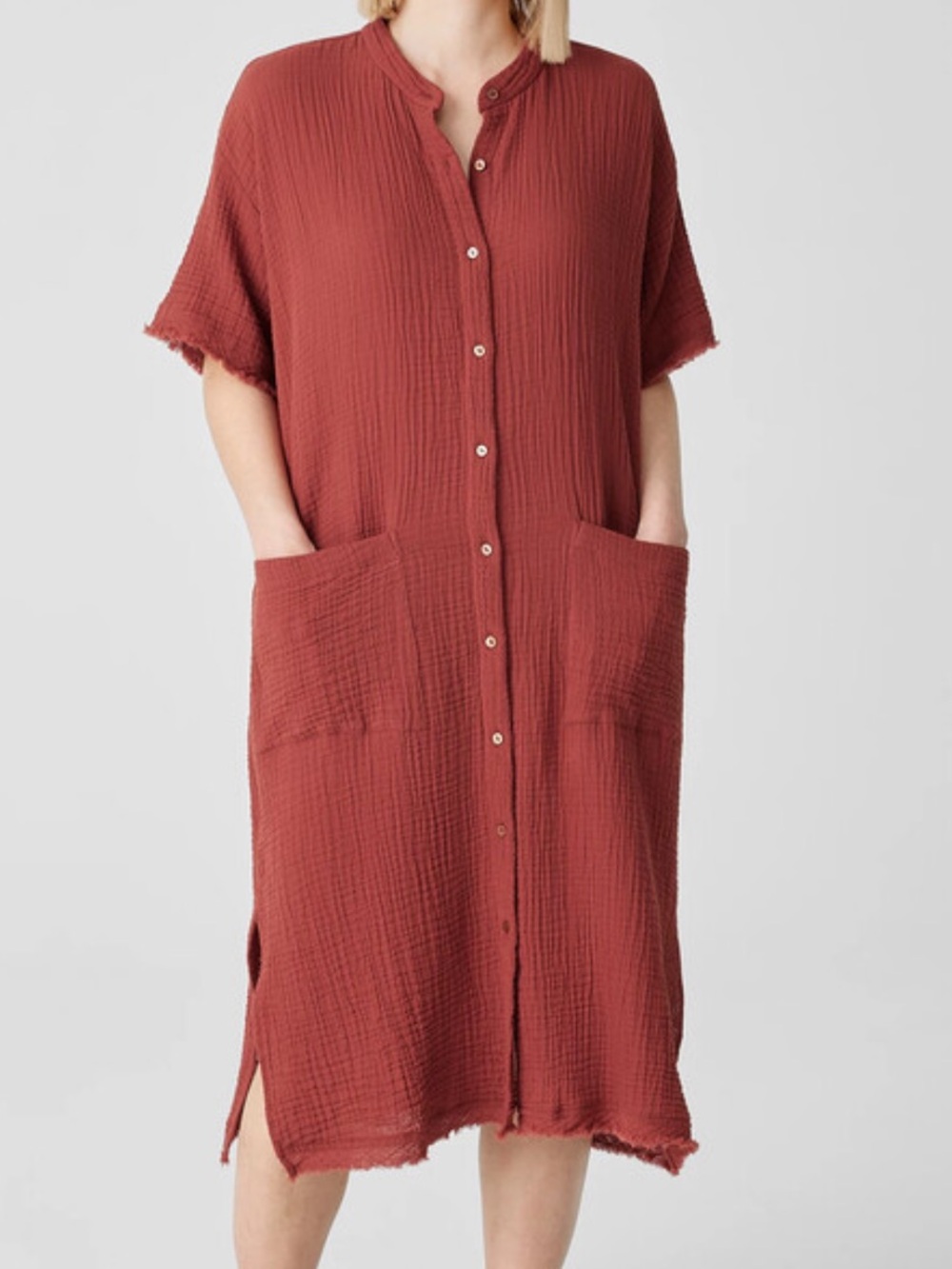 Eileen Fisher Organic Cotton Gauze Mandarin Collar Dress 1X Picante Orange EUC